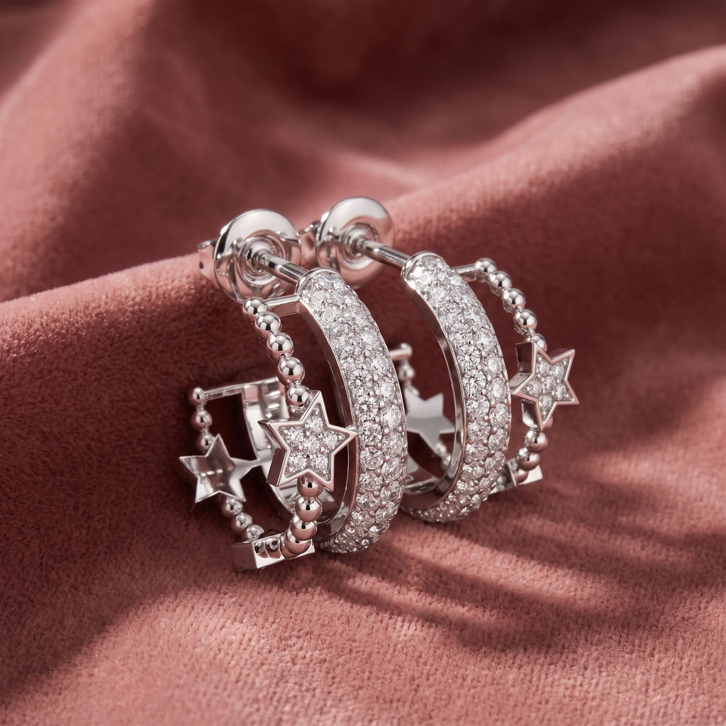 18K Crescent Moon and Stars Diamond Earrings — AI cloth, in-house