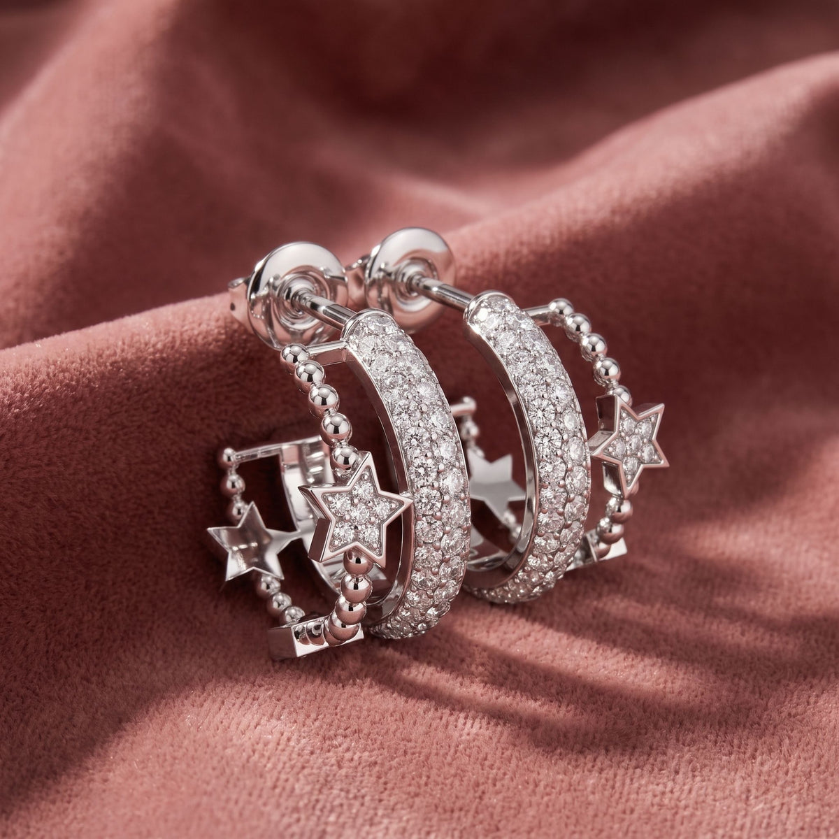 18K Crescent Moon and Stars Diamond Earrings — AI cloth, in-house