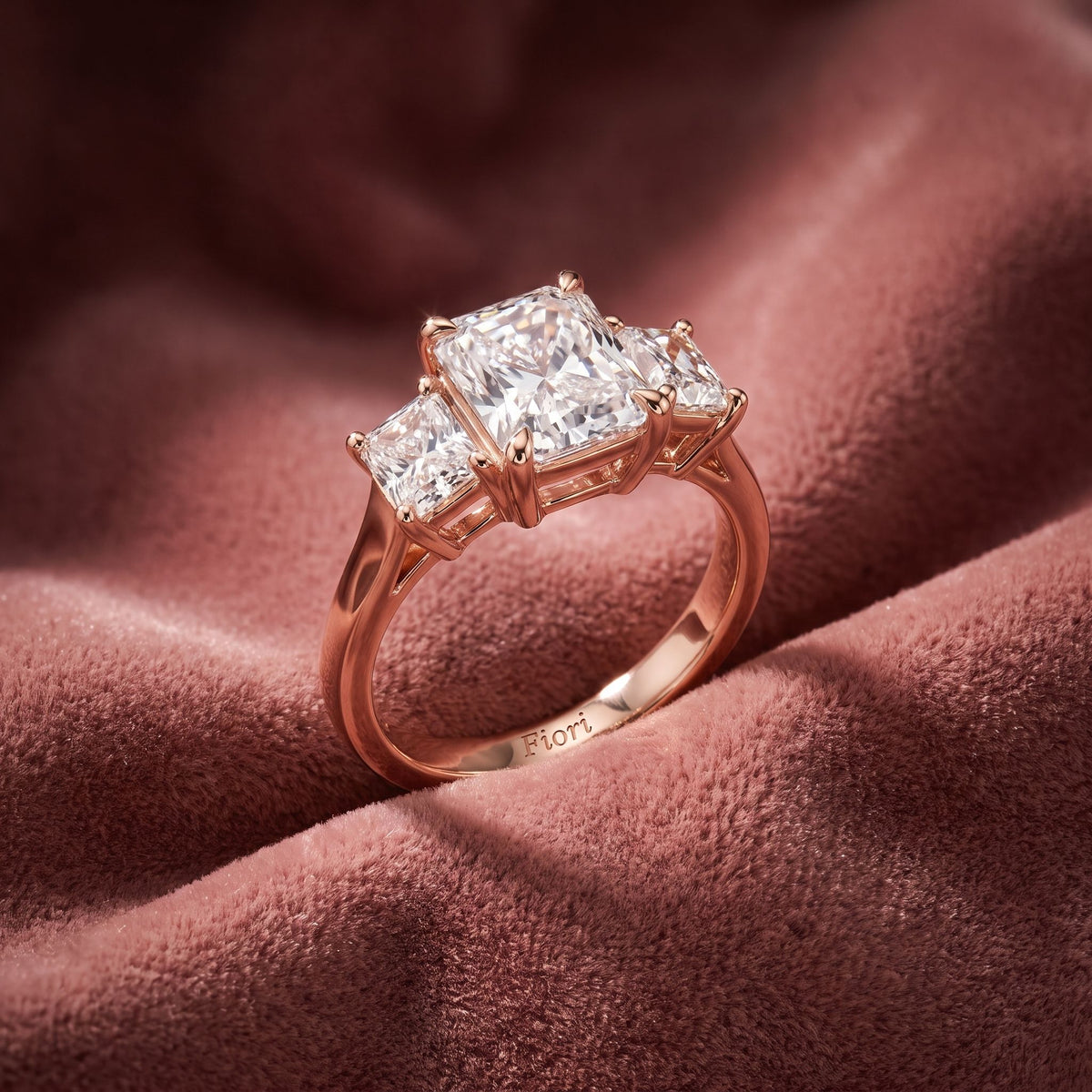 18K Trilogy Three-Stone Diamond Engagement Ring — AI cloth, in-house