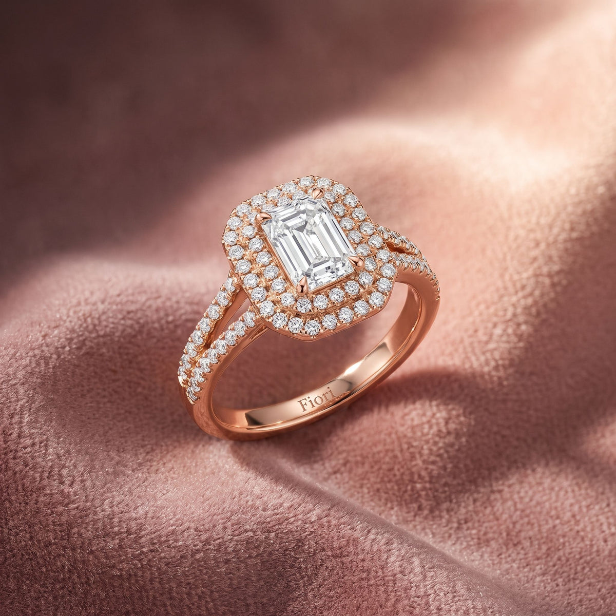 18K Halo Emerald Diamond Ring — AI cloth, in-house