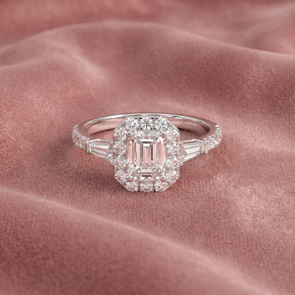 18K Halo Emerald Diamond Ring — AI cloth, in-house