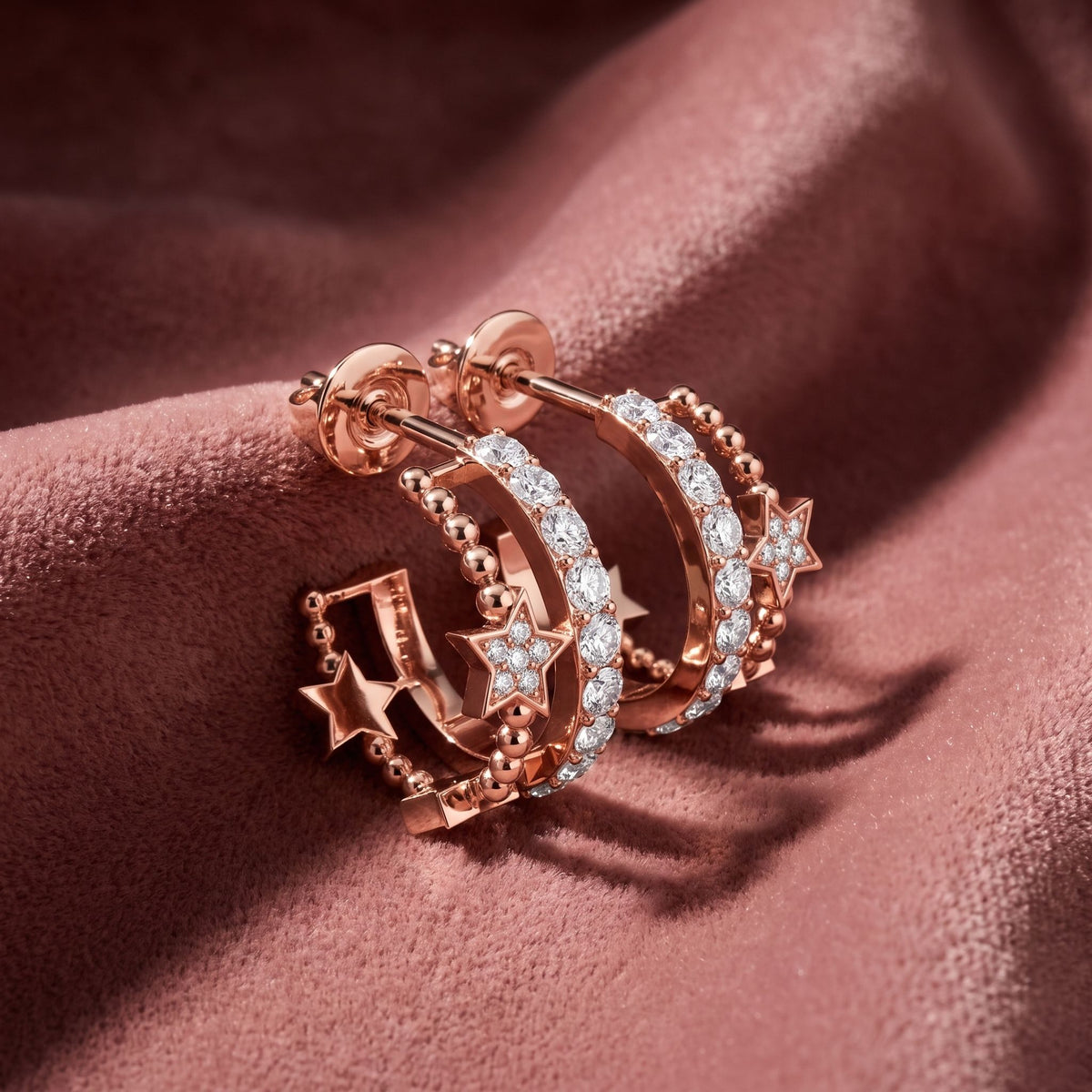 18K Crescent Moon and Stars Diamond Earrings — AI cloth, in-house