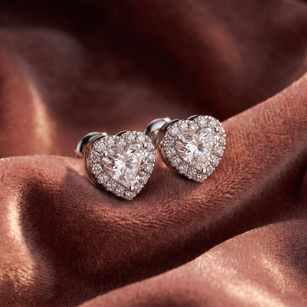 18K Heart Halo Diamond Earrings — AI cloth, in-house