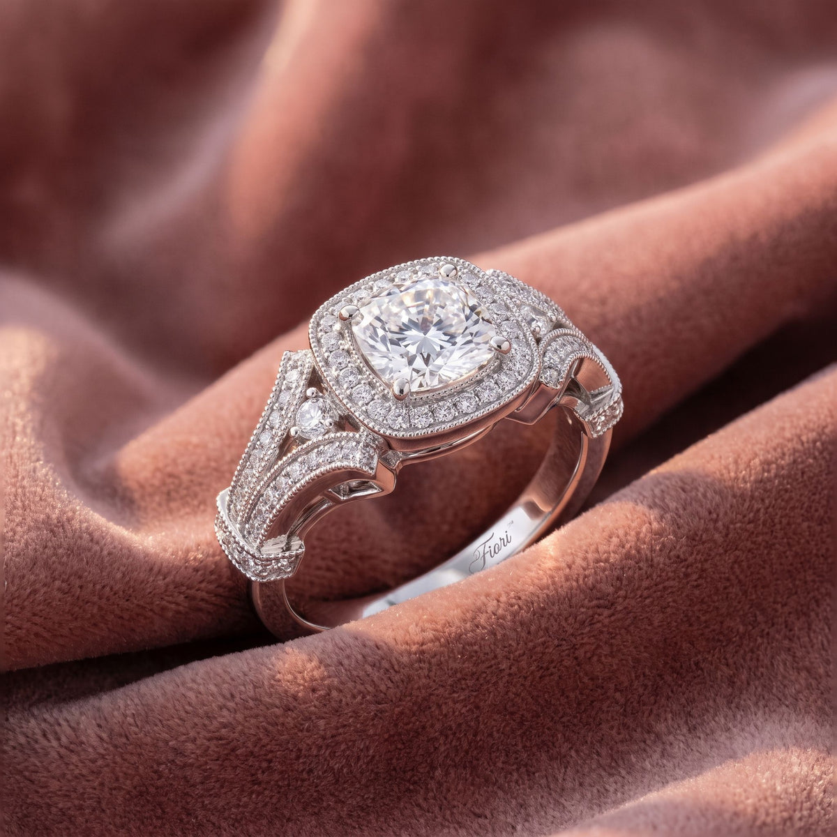 18K Bespoke Cushion Halo Diamond Ring — AI cloth, in-house