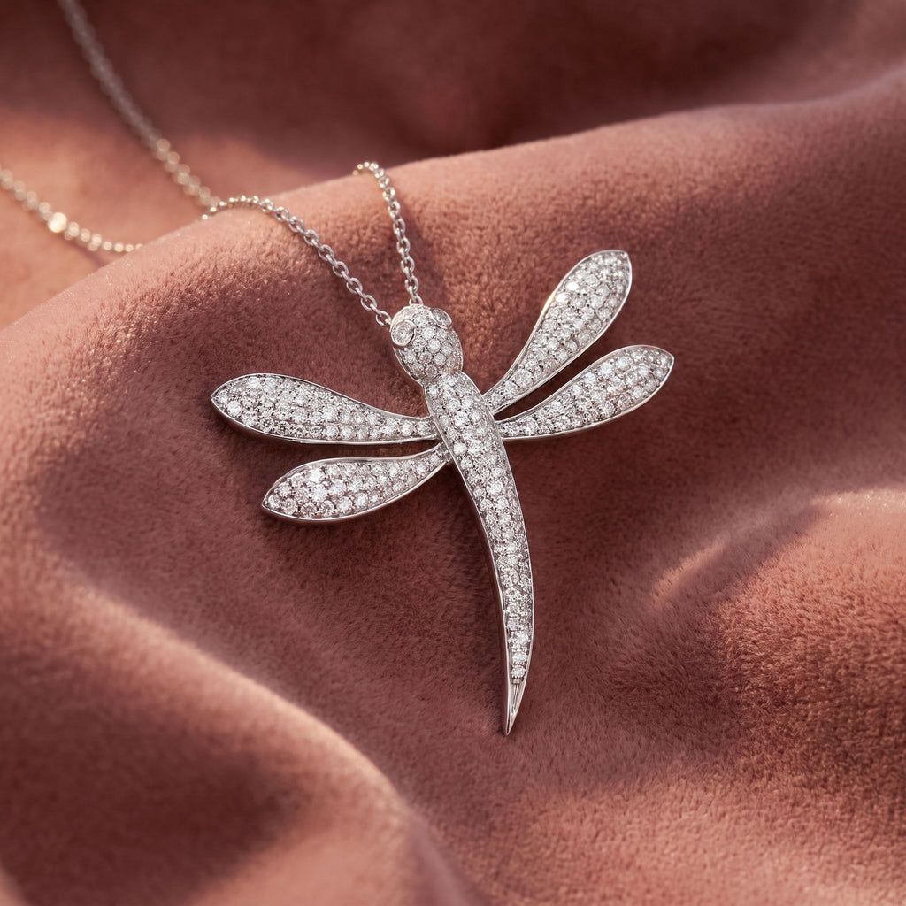 18K Dragonfly Diamond Pendant — AI cloth, in-house