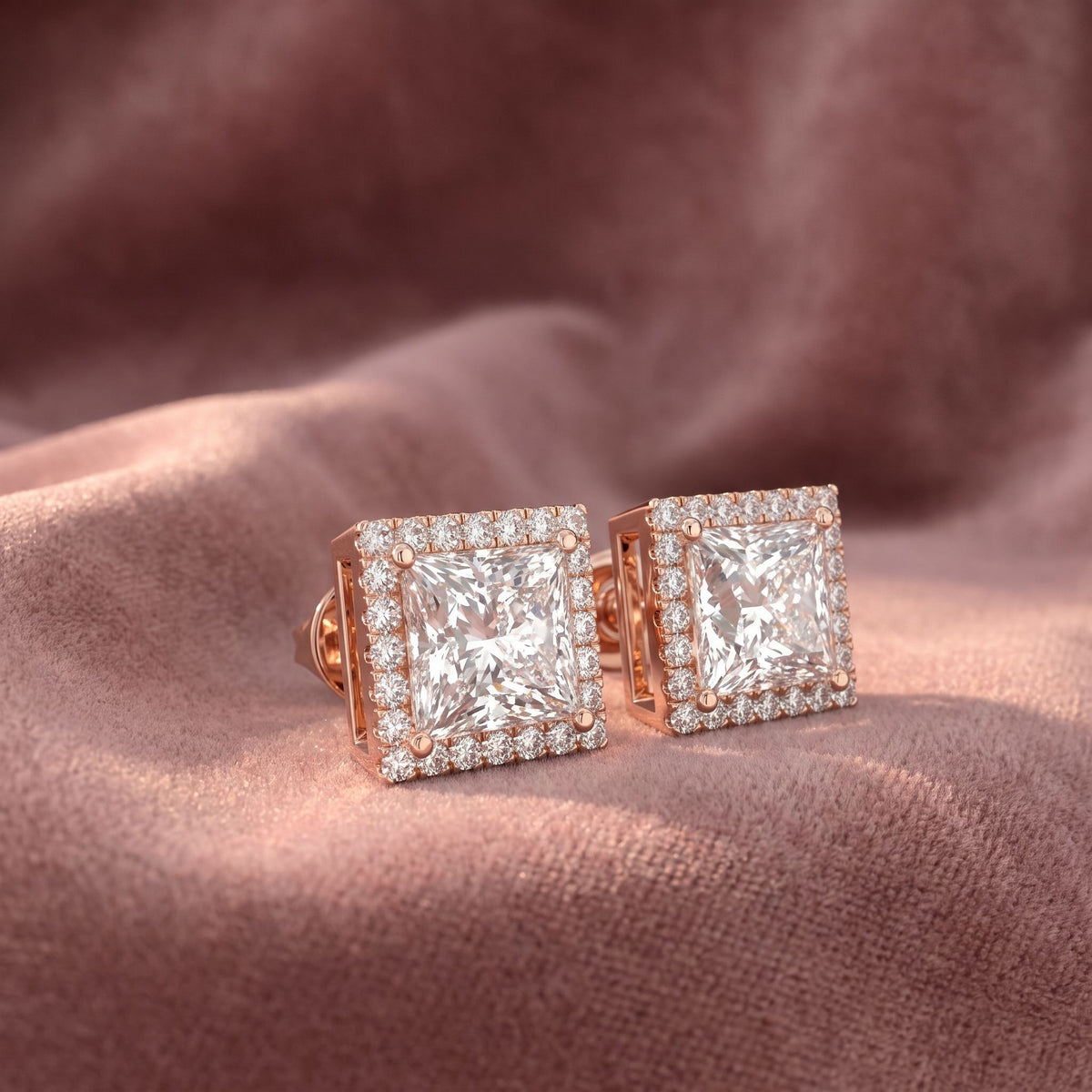 18K Princess Halo Diamond Earrings — AI cloth, in-house
