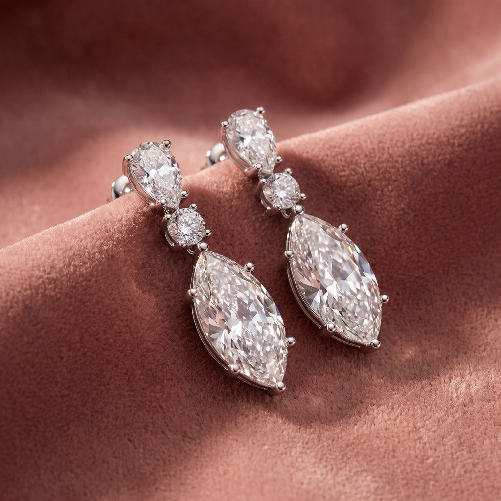 18K Three-Tier Diamond Drop Earrings — AI cloth, in-house
