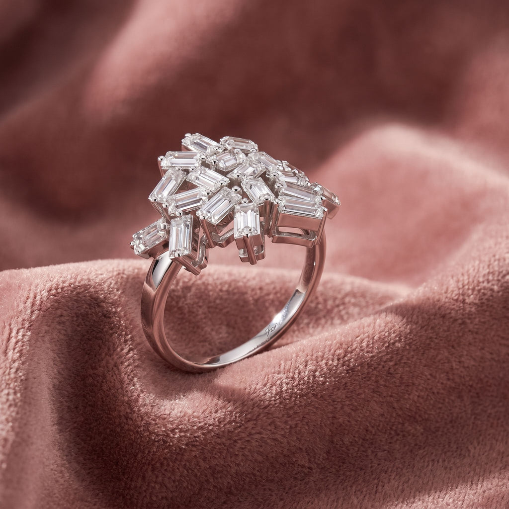 18K Floral Baguette Diamond Ring — AI cloth, in-house