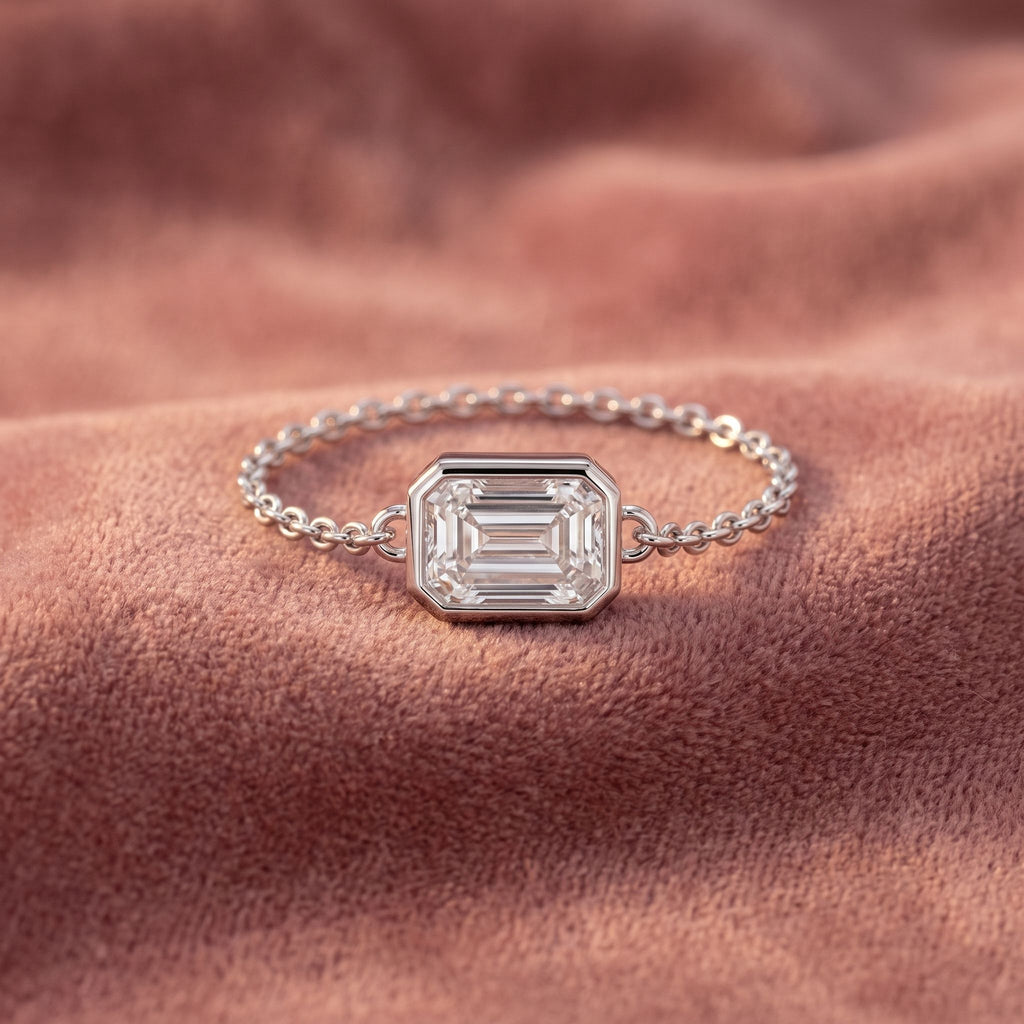 14K Solitaire Emerald Cut Diamond Ring — AI cloth, in-house