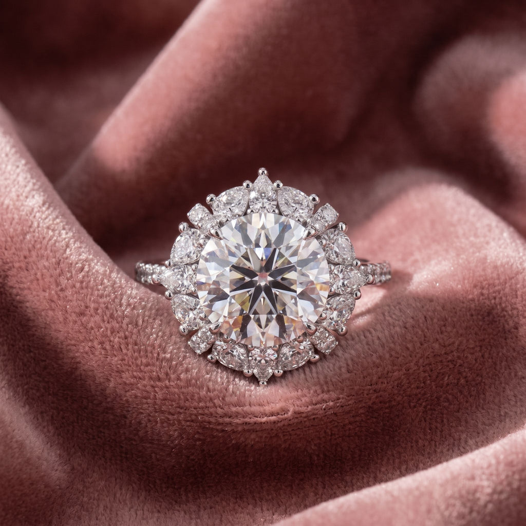 18K Solitaire Halo Round Diamond Ring — AI cloth, in-house