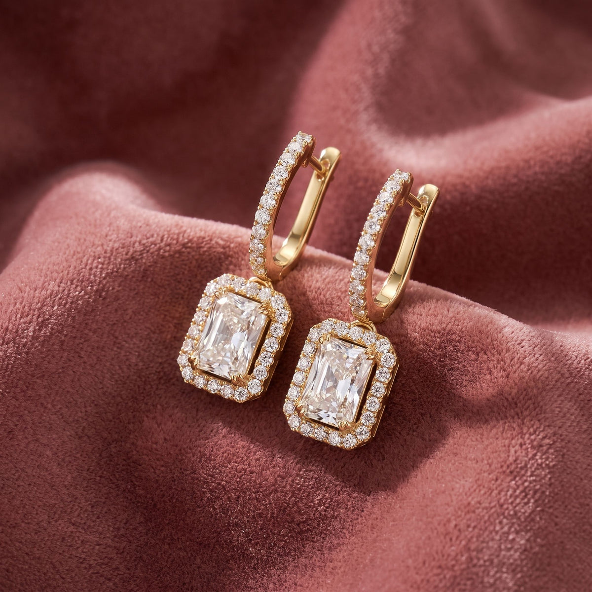 18K Halo Emerald Cut Diamond Drop Earrings — AI cloth, in-house