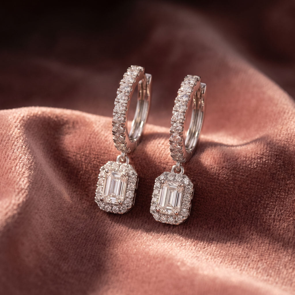 18K Emerald Halo Drop Diamond Earrings — AI cloth, in-house