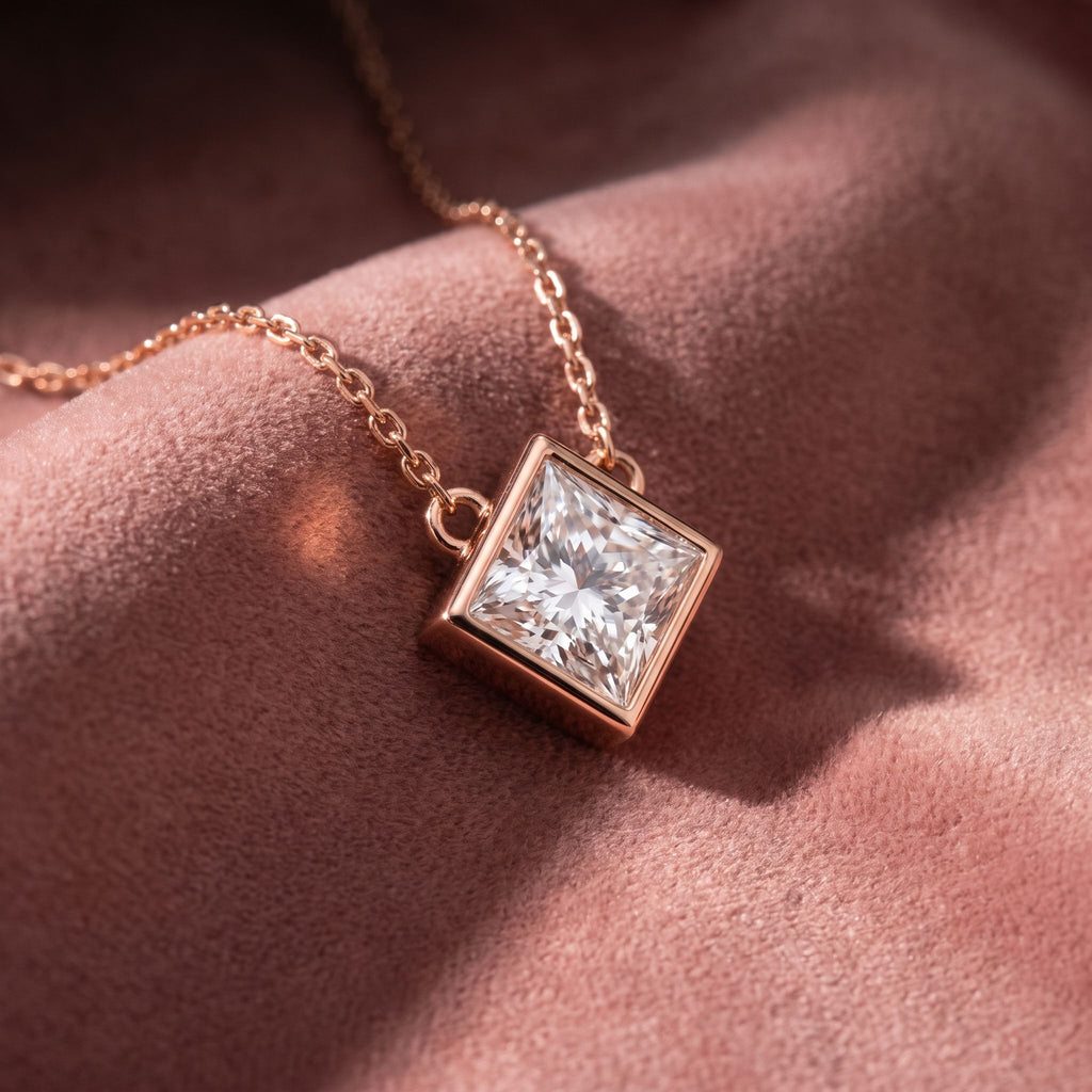 18K Solitaire Princess Diamond Pendant — AI cloth, in-house