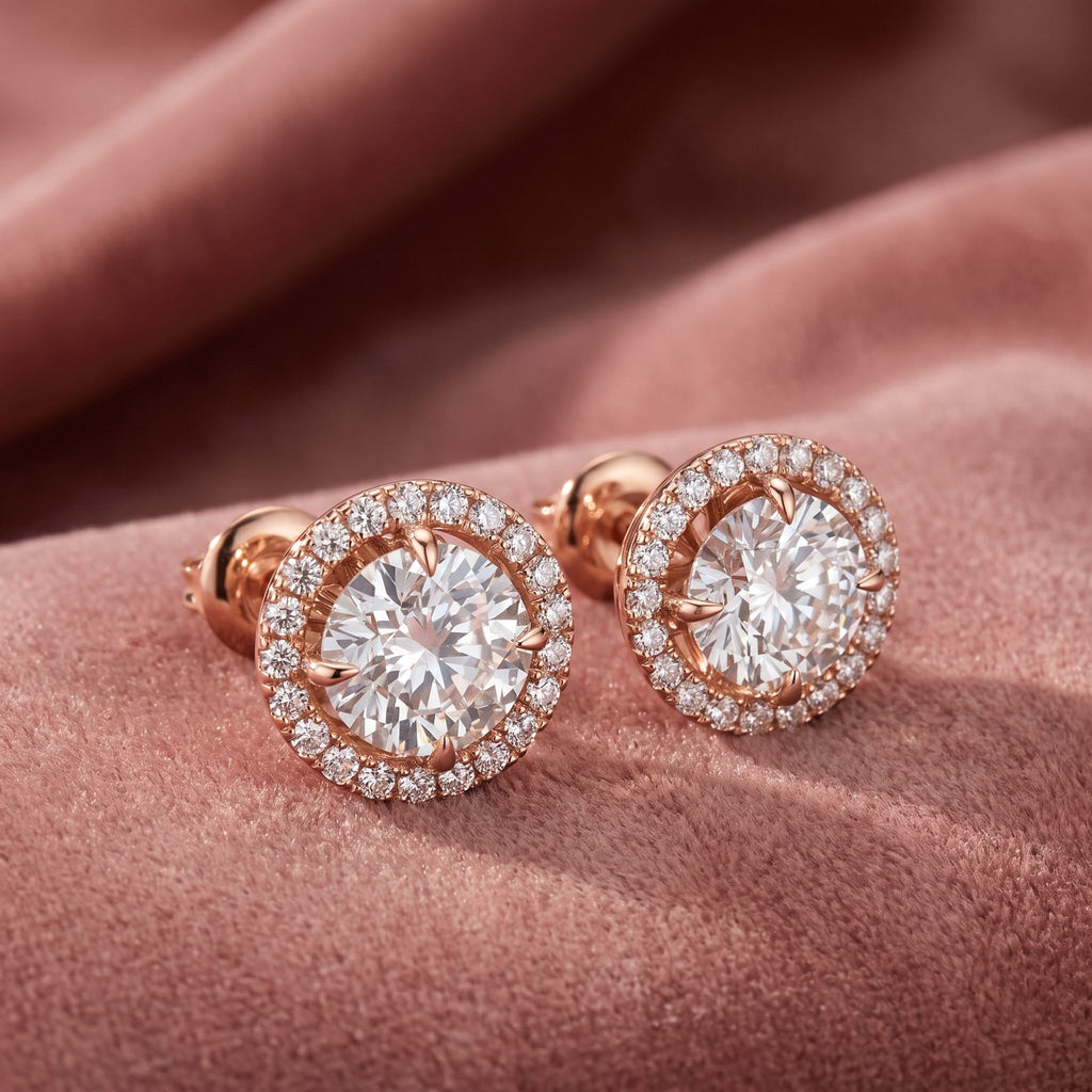 18K Halo Solitaire Diamond Stud Earrings — AI cloth, in-house