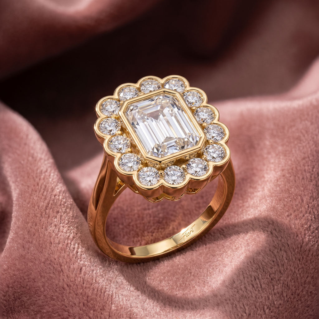 18K Halo Emerald Cut Diamond Solitaire Ring — AI cloth, in-house