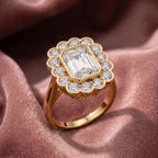 18K Halo Emerald Cut Diamond Solitaire Ring — AI cloth, in-house