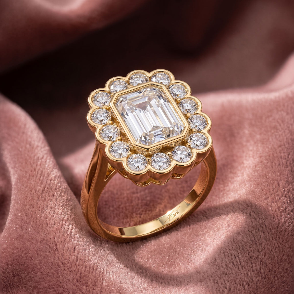 18K Halo Emerald Cut Diamond Solitaire Ring — AI cloth, in-house