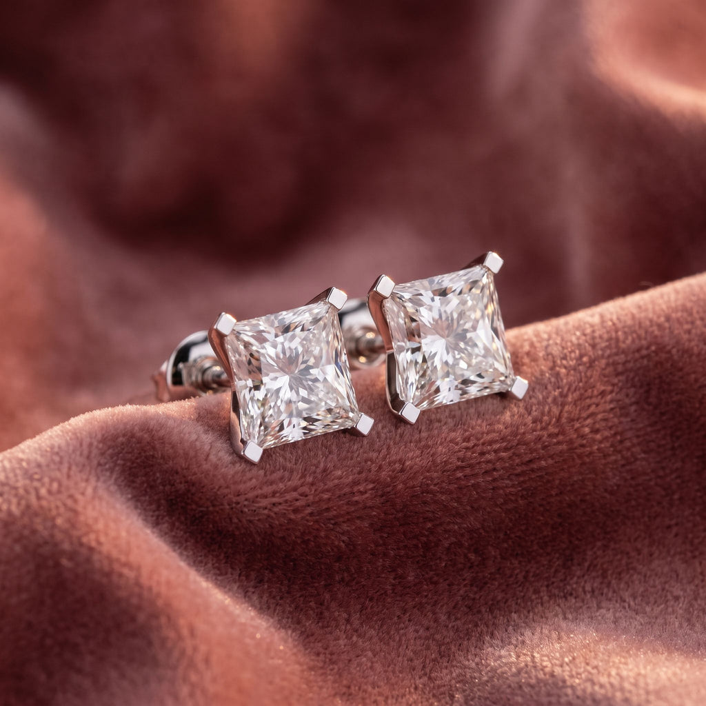 18K Solitaire Princess Diamond Earrings — AI cloth, in-house
