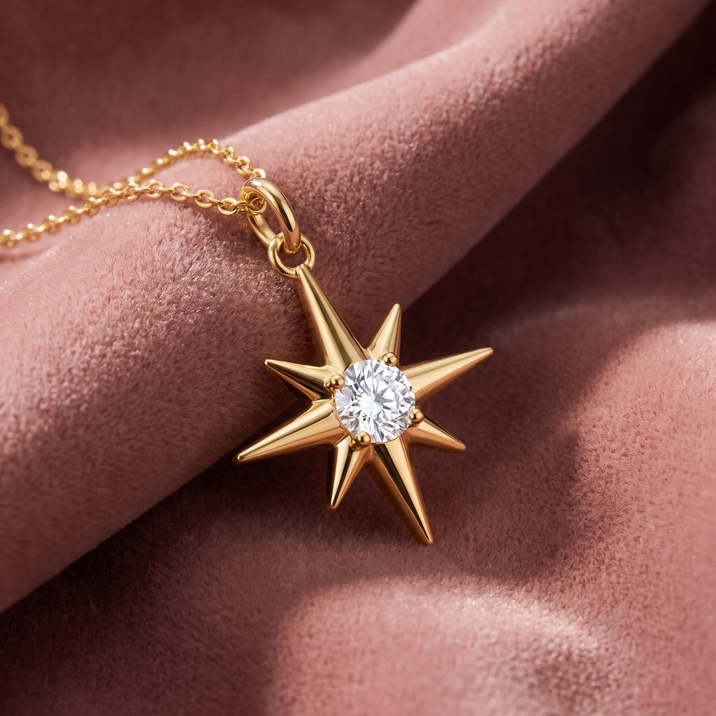 14K Star Round Diamond Pendant — AI cloth, in-house