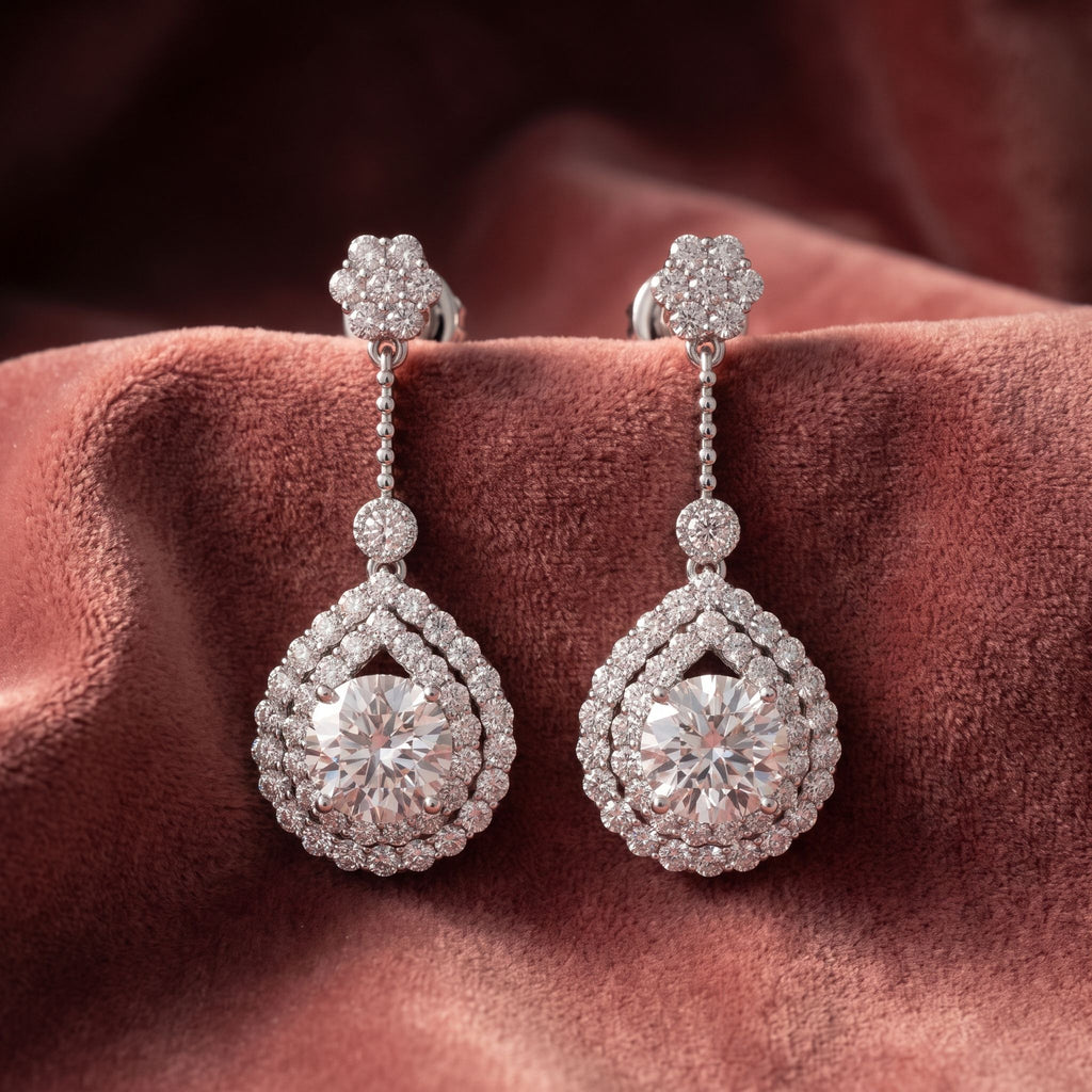 18K Drop Pear Halo Diamond Earrings — AI cloth, in-house