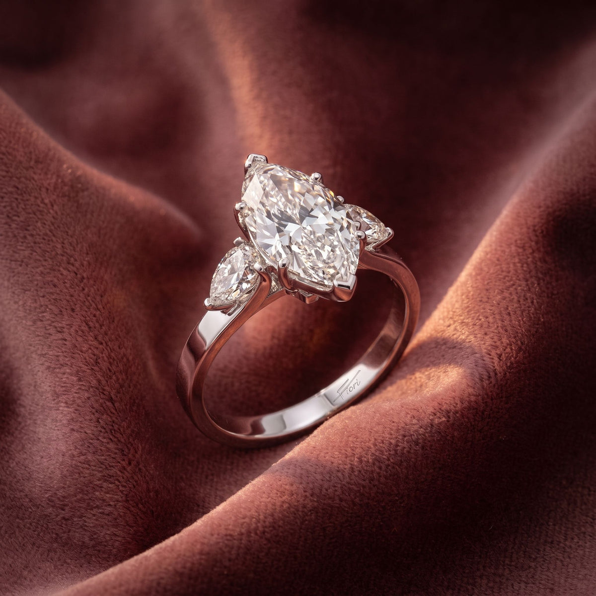 18K Trilogy Marquise Diamond Ring — AI cloth, in-house