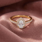 18K Halo Pear Diamond Ring — AI cloth, in-house