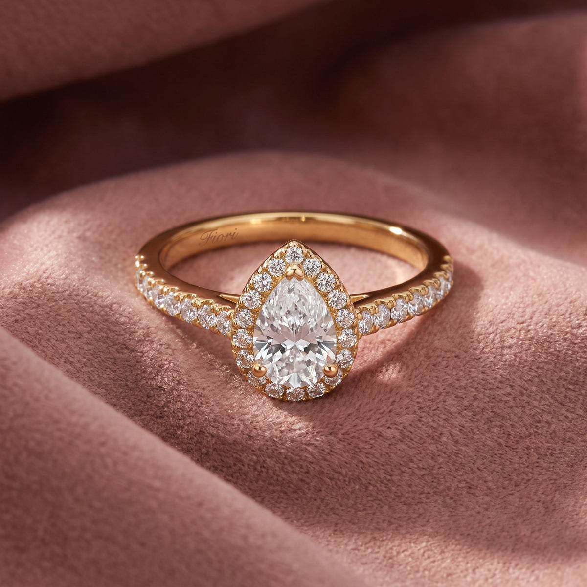 18K Halo Pear Diamond Ring — AI cloth, in-house